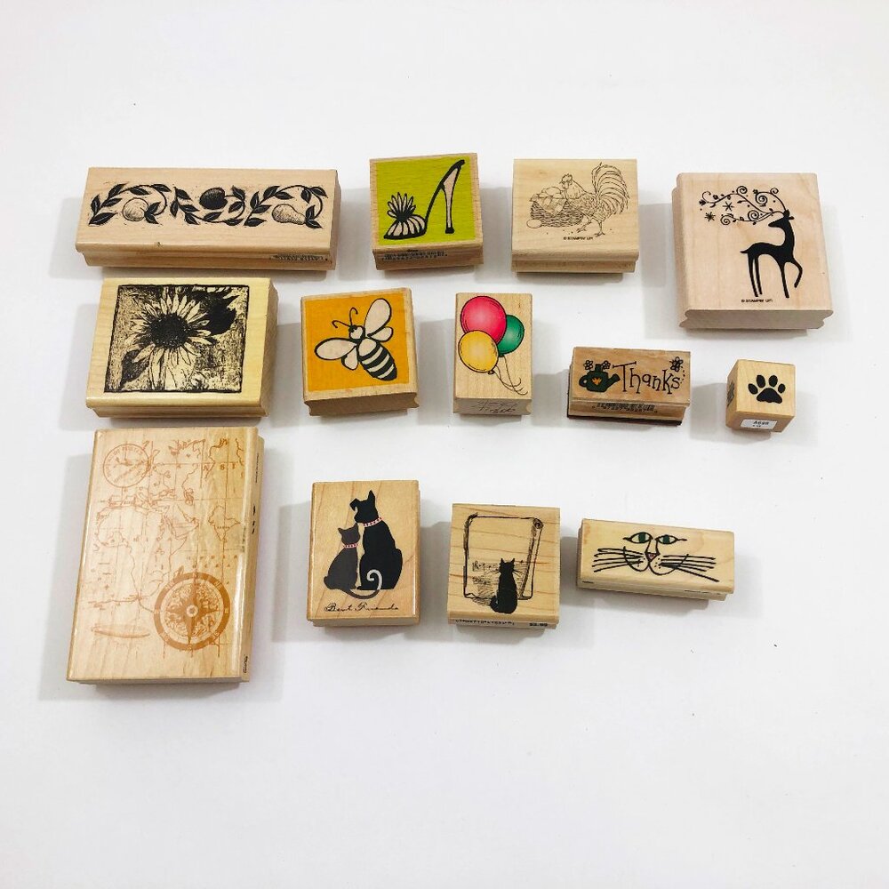 Set of 13 Crafting Stamps Miscellaneous Cat Dog Deer Map Flower Used